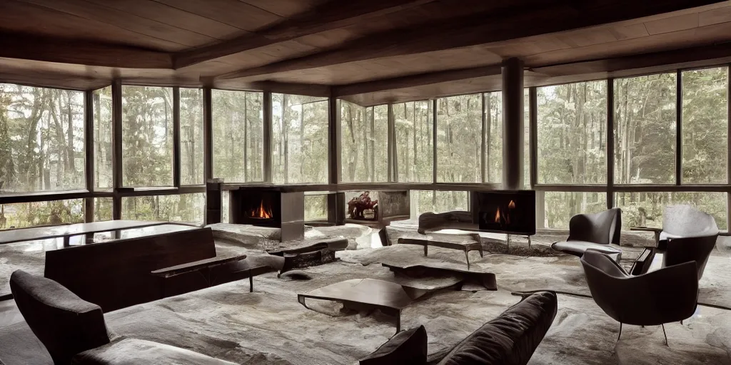 Prompt: an elegant interior photo of a sunken living room with a fireplace, dark wood , sofa, chair, end table, designed by Frank Loyd Wright, a zombie apocolypse can be seen outside