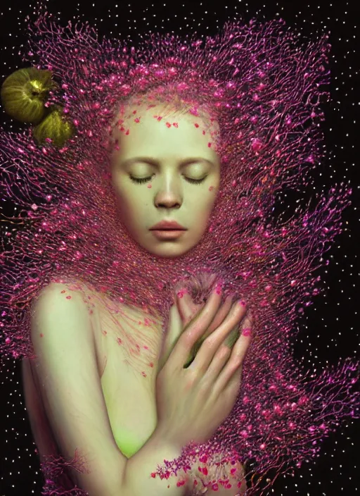 Prompt: hyper detailed 3d render like a Oil painting - Aurora (Singer) Eats of the Strangling Fruit and Her Hands full of gossamer polyp blossoms bring iridescent fungal flowers whose spores black the foolish stars by Jacek Yerka, Mariusz Lewandowski, Houdini algorithmic generative render, Abstract brush strokes, Masterpiece, Edward Hopper and James Gilleard, Zdzislaw Beksinski, Mark Ryden, Wolfgang Lettl, hints of Yayoi Kasuma, octane render, 8k