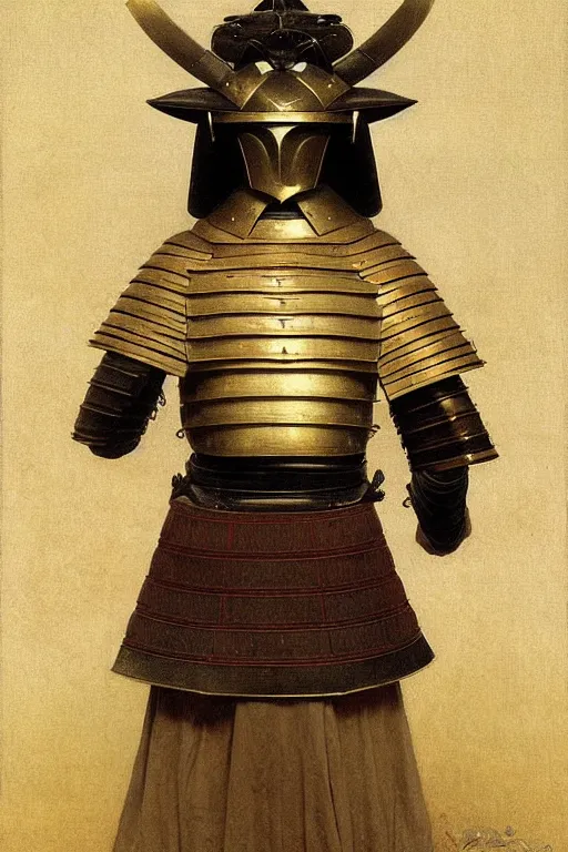 Image similar to a complete set of samurai armor and helmet, by bouguereau