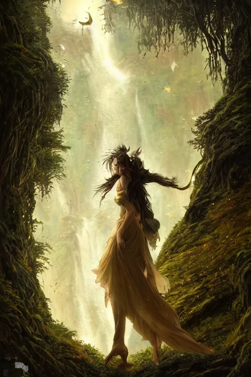 Image similar to detailed intricate digital illustration by greg rutkowski and david friedrich and ruan jia and fenghua zhong and steven belledi ; portrait of fairy girl standing in gothic fantasy valley and waterfall faerie fey unseelie in background ; 1 3 mm film, arri alfa anamorphic lens ; sharp focus, golden hour, fireflies ; trending on artstation 8 k closeup