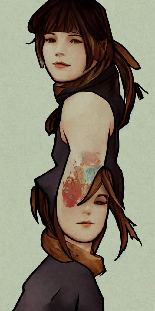 Image similar to max caulfield from Life Is Strange in the style of Mucha