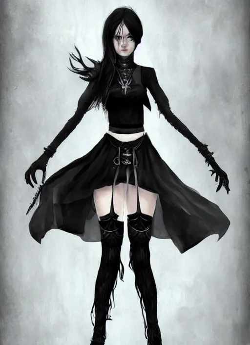 Prompt: kerli koiv in the art style of arcane. gothic mini skirt and crop top, fine art, matte painting, digital art, concept art, artgerm,, rule of 3 rds,