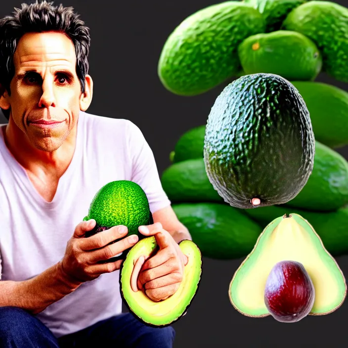 Image similar to ultra realistic illustration of ben stiller in the lotus position balancing stack of avocado on his head