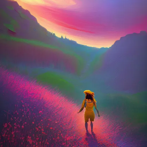 Image similar to giant daisy flower head, girl hiking in the mountains, surreal photography, sunrise, dramatic light, impressionist painting, colorful clouds, digital painting, artstation, simon stalenhag