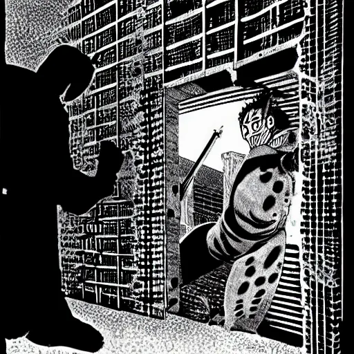 Prompt: neighbor drilling grid holes in a room, manga, black and white manga horror in style of junji ito, kentaro miura