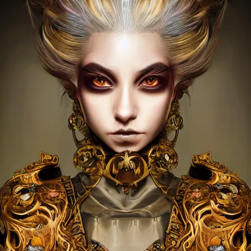 Image similar to portrait, headshot, insanely nice professional hair style, dramatic hair color, digital painting, of a old 17th century, old cyborg merchant, amber jewels, baroque, ornate clothing, scifi, realistic, hyperdetailed, chiaroscuro, concept art, art by Franz Hals and Jon Foster and Ayami Kojima and Amano and Karol Bak,