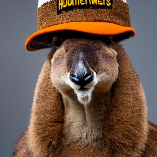 Image similar to a photo of a buff kangaroo wearing a hunters hat and vest, standing tall and strong with a hunters hat and vest, studio photography, 8 k