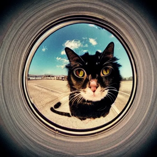 Image similar to cat that can do everything fisheye, retro, motivation