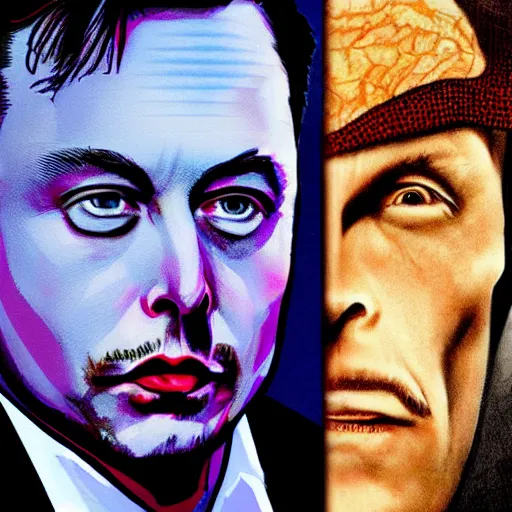 Image similar to elon musk is two face, harvey dent from batman, one face side has dragonskin fantasy sharp focus intricate elegant digital painting