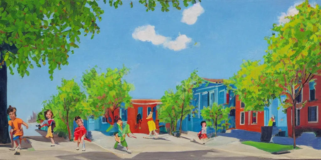 Image similar to 1 9 4 0 s corner of a concrete row house, painted in bright colors, children playing on the street, trees, blue sky, sunny day