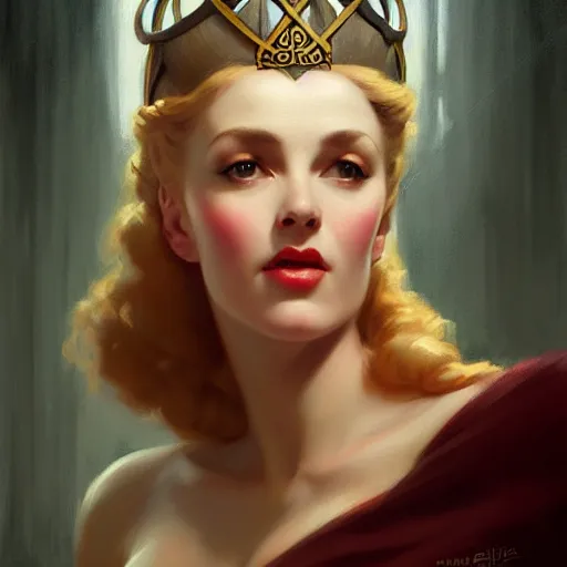 Image similar to celtic medieval queen portrait matte painting, trending on artstation, gil elvgren, greg rutkowski, magali villeneuve, artgerm, jeremy lipkin, michael garmash, celtic, brythonic