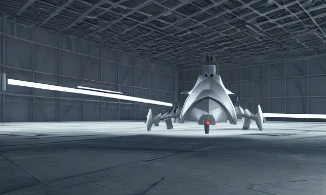 Prompt: octane render, high quality, unreal engine 5, spaceship in hangar