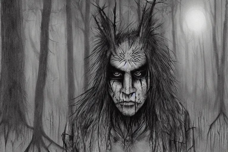 Image similar to mad native american skinwalker in grim forest artwork by ben templesmith