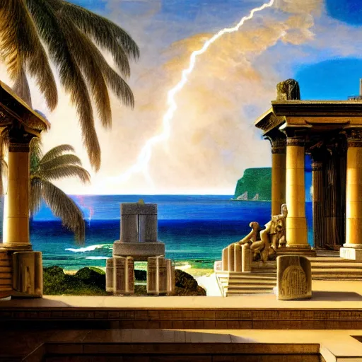 Image similar to Doric temple on front of balustrade and palace columns, refracted lightnings on the ocean, thunderstorm, tarot cards characters, beach and Tropical vegetation on the background major arcana sky and occult symbols, by paul delaroche, hyperrealistic 4k uhd, award-winning, very detailed paradise