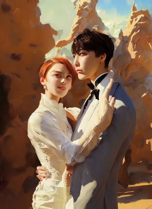 Image similar to jungkook and taehyung of bts getting married in las vegas, jodhpurs hyperborea winter traveler treasure hunter greg manchess painting by sargent and leyendecker, fantasy, medium shot, matte painting, illustration, hearthstone, by rhads, by greg rutkowski, by greg tocchini, by james gilleard, by joe fenton