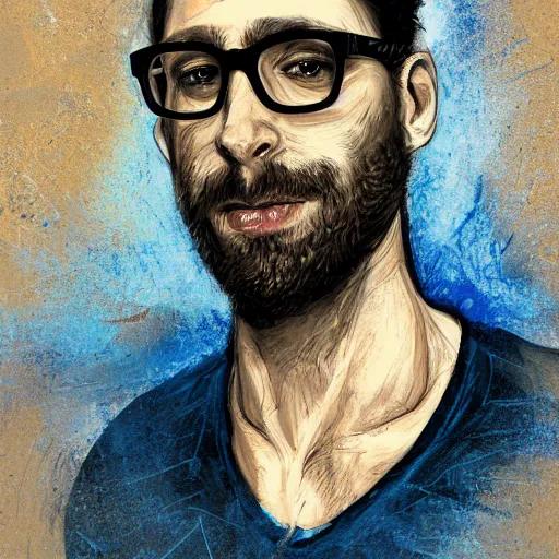 Prompt: Man from frog perspective in his 30s, light brown hair and salt-and-pepper hair with a short beard, thick dark glasses, blue eyes, big nose, wearing a shirt and a jean, digital painting, 4k, rays of light, particles light, by Guy Denning