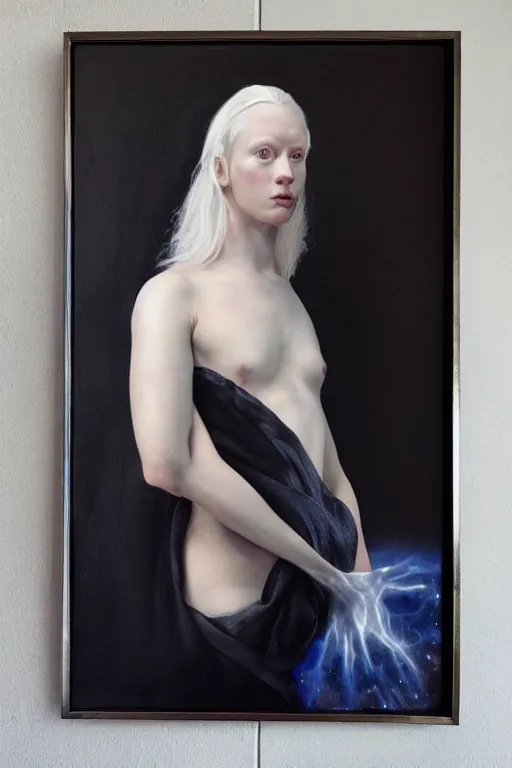 Image similar to hyperrealism oil painting, close - up portrait of albino medieval fashion model, black silk, steel gradient mixed with nebula sky, in style of baroque