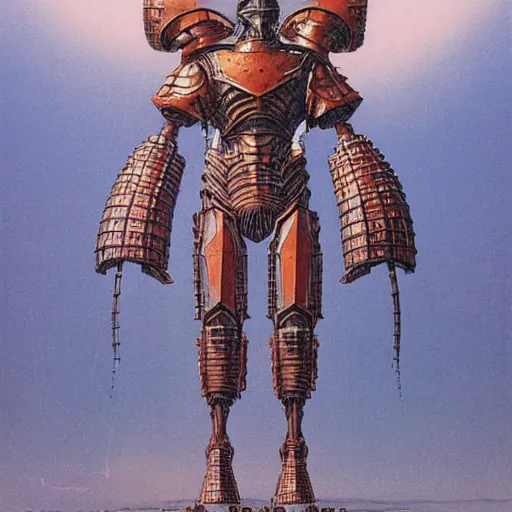 Image similar to vintage illustration of huge warrior mechanoid armor by wayne barlowe