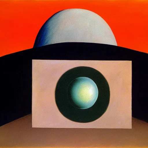 Prompt: magritte painting. the sun has a face with many eyes and teeth. seen through the fog