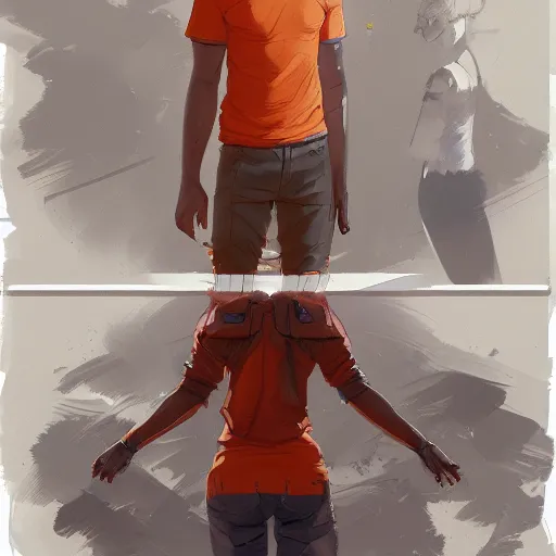 Image similar to man in orange t - shirt hugging girl, vivid colors, character sheet, fine details, concept design, contrast, kim jung gi, greg rutkowski, trending on artstation, 8 k, full body, turnaround, front view, back view, ultra wide angle