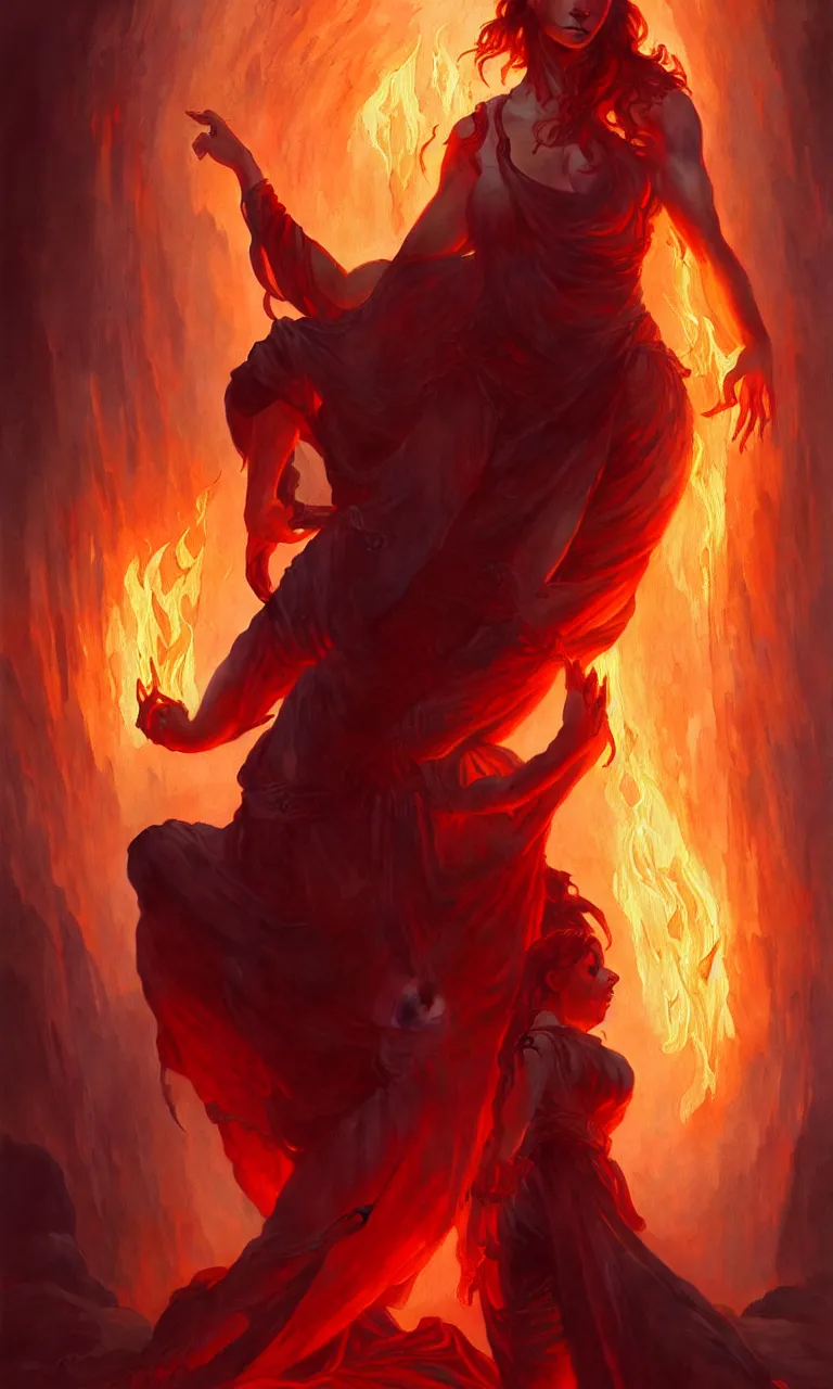 Image similar to Purgatory, fire woman in hell. The gateway to the infernal underworld. Devils demons, highly detailed, digital painting, artstation, concept art, smooth, sharp focus, illustration, art by artgerm and greg rutkowski and alphonse mucha