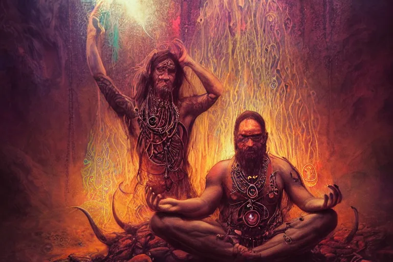 Prompt: meditating psychedelic shaman with trinket necklace, epic angle and pose, symmetrical artwork, ayahuasca, translucent, fungus, energy flows of water and fire, highly detailed, epic cinematic concept art, excellent composition, dystopian brutalist atmosphere, dynamic dramatic lighting, aesthetic, very inspirational, arthouse, Greg Rutkowski, Artgerm