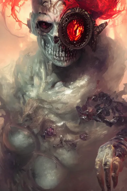 Image similar to face closeup covered of a ghoul necromancer, damned soul, hellfire, diamonds, jewels, 3 d render, hyper - realistic detailed portrait, holding fire and electricity rainbow, ruan jia, wlop. scifi, fantasy, magic the gathering, hyper detailed, concept art, peter mohrbacher