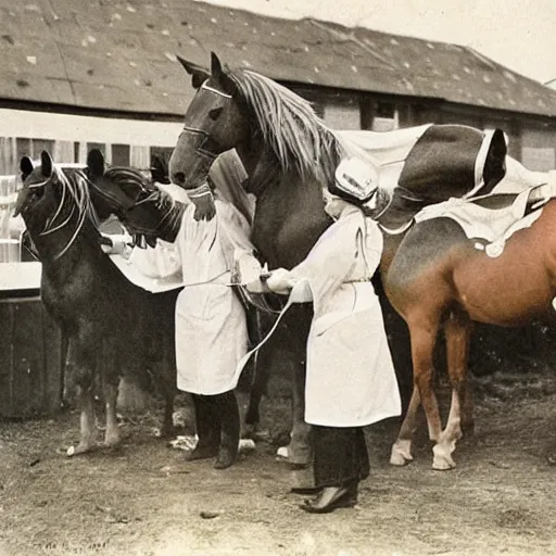 Image similar to horses dressed as nurses performing an operation