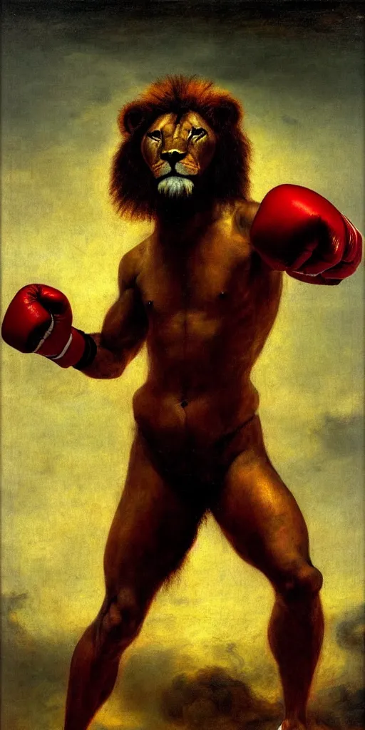 Prompt: muscular lion as a boxer champion with boxing gloves , full human hairy body , backlight body , extreme very textured detailed panoramic portrait oil painting by rembrandt, sunset, dramatic clouds and cyan atmosphere