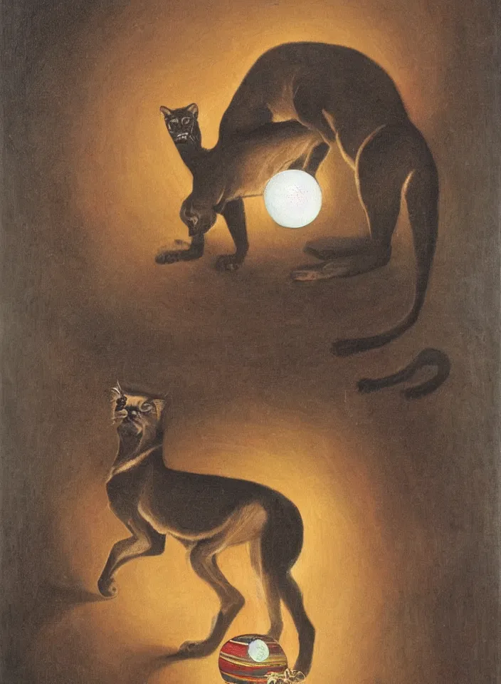 Prompt: a portrait of a humanoid black puma staring at a glowing globe in a necklace, painting by Randolph Stanley Hewton