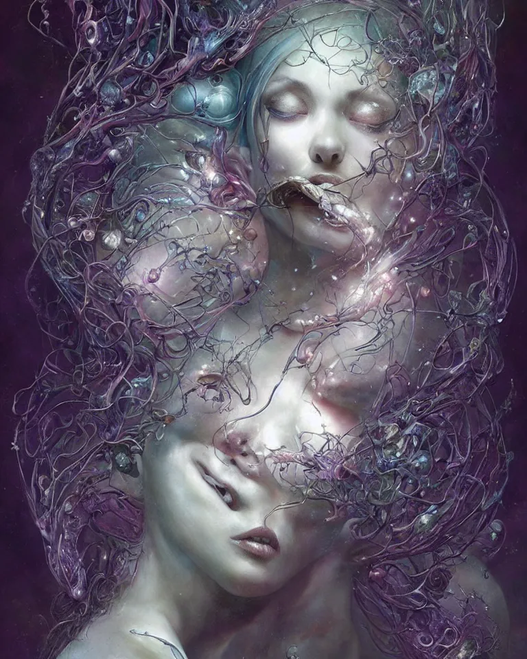 Image similar to a sculpture of a gorgeous etherial female, breaking apart, metaphysical paintings, Andrew Ferez, by Charlie Bowater, Marco Mazzoni, Seb McKinnon, Ryohei Hase, jeremy geddes, lovecraftian, made of mist, cosmic horror, trending on cgsociety, featured on zbrush central, grotesque, vanitas, new sculpture, mystical