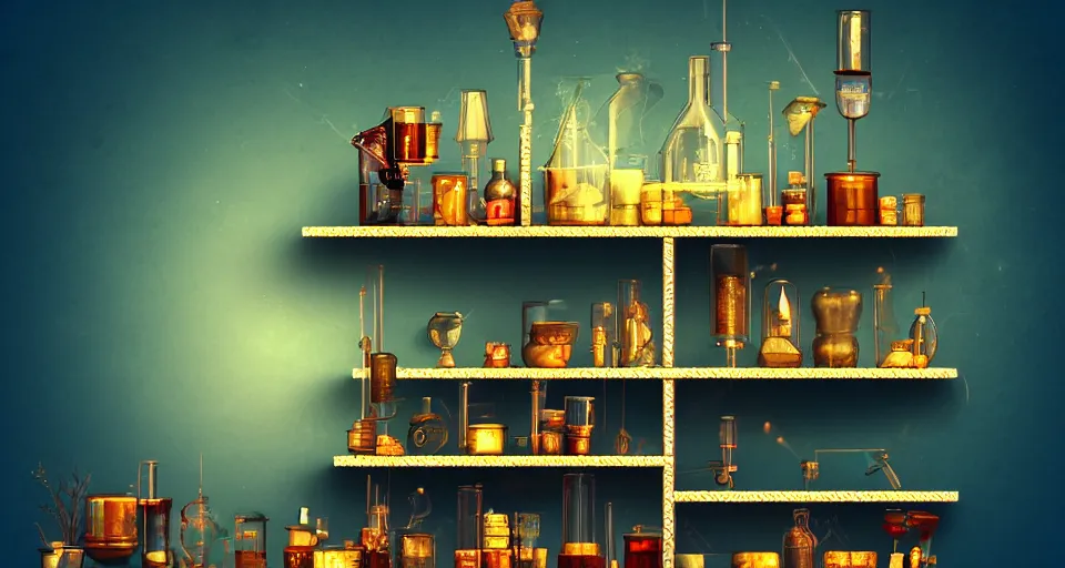 Image similar to a shelf of wonderful magical experiments, cinematic lighting, detailed, beautiful colors, ornate 4 k