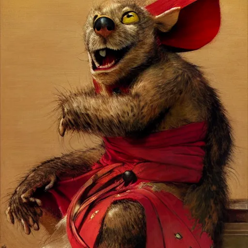 Prompt: a portrait of a splinter hamato yoshi wearing a red kimono, hairy, feet, tail. highly detailed painting by gaston bussiere, craig mullins, j. c. leyendecker, furry