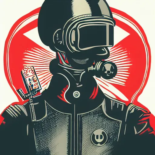 Image similar to Illustrated by Shepard Fairey and H.R. Geiger | Cyberpunk Soviet soldier with VR helmet, surrounded by cables, Soviet Propaganda poster