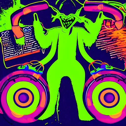 Image similar to svg sticker of a Pop-Wonder Alien-Bog-Monster-Swamp-Rat-Thunder-Coot-Racing-Fan at a rave, spinning records, giant headphones rocking out, wearing headphones, huge speakers, dancing, rave, DJ, spinning records, digital art, amazing composition, rule-of-thirds, award-winning, trending on artstation, featured on deviantart