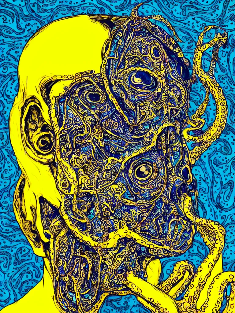 Image similar to a self portrait by the artist kelbv, in distinct hyper detailed style with tubes coming from eyes, and hollowed skull filled with blue and yellow paisley ellipsoids, perfect studio lighting against a backdrop of a still from the movie squid asthma.