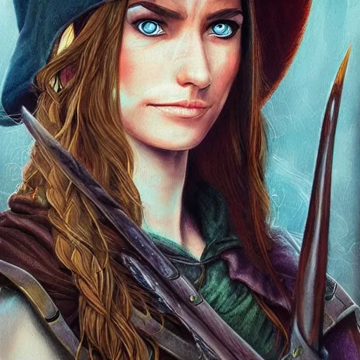 Prompt: portrait of a half elven ranger, dungeons and dragons, full color, vivid, realistic illustration, upper body close up with face