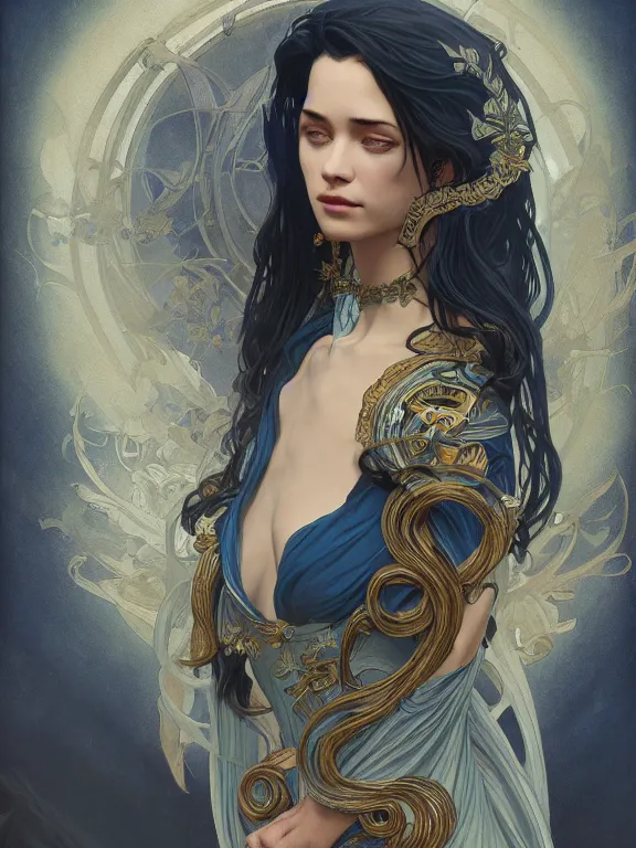 Prompt: god of death and rebirth, elegant dark blue dress, very detailed, throne, very intricate details, elaborate long hairstyle, cinematic, artstation, alphonse mucha, greg rutkowski, rossdraws, octane render