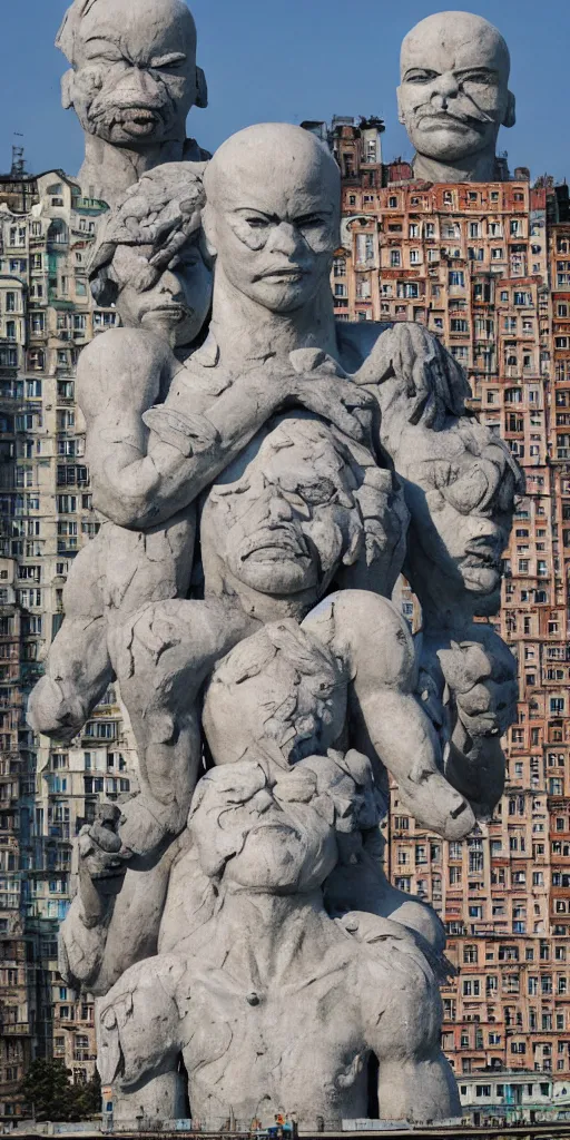 Image similar to colossal grotesque flower proletariat statue made from Lenin heads in the middle of abandoned early soviet constructivist cityscape, Stalinist architecture, ultradetailed by Hayao Miyazaki and Josan Gonzalez and Makoto Shinkai and Giuseppe Arcimboldo and Wes Anderson