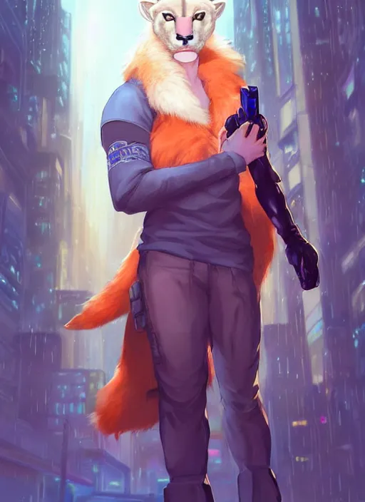 Image similar to award winning beautiful portrait commission of a male furry anthro albino mountain lion fursona with a tail and a cute beautiful attractive detailed furry face wearing stylish cyberpunk clothes in a cyberpunk city at night while it rains. Blue and Orange. Character design by charlie bowater, ross tran, artgerm, and makoto shinkai, detailed, inked, western comic book art