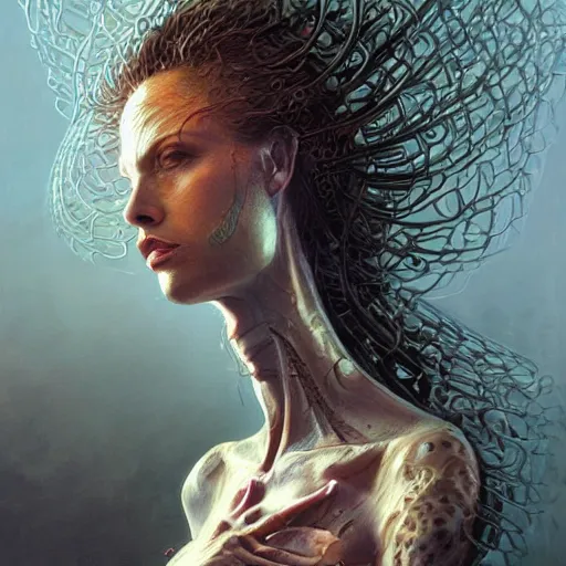 Prompt: low angle shot of a human woman by clive barker, intricate, elegant, highly detailed, centered, digital painting, artstation, concept art, smooth, sharp focus, illustration, artgerm, Tomasz Alen Kopera, Peter Mohrbacher donato giancola, Joseph Christian Leyendecker, WLOP, Boris Vallejo.