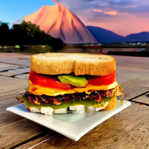 Prompt: one sandwich with fried tofu, one tomato slice, mayonaisse, one onion ring, avocado, melted cheddar, over a red dish that is on a table, with a sunset and rainbow in the background with saturn and stars in the sky