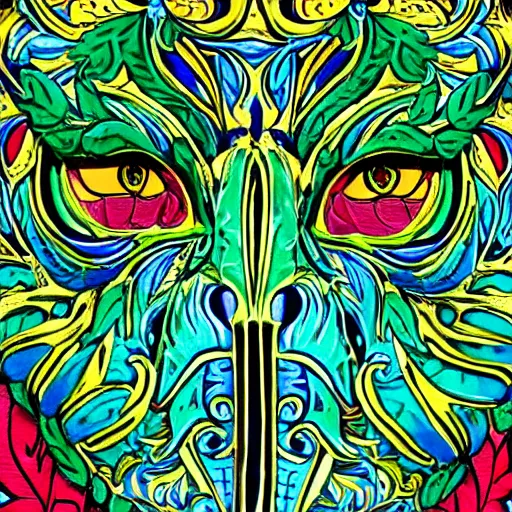 Image similar to colourful ornate decorative green man as an elephant face by louis wain and william morris, closeup, twisting leaves, 8 k, artstation