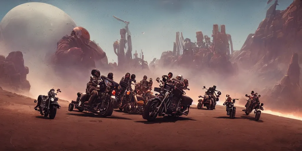 Prompt: american astronaut driving harley davidson motorcycle, tribe members attacking, furious action scene, an epic fantasy, dramatic lighting, cinematic, establishing shot, extremely high detail, photorealistic, cinematic lighting, artstation, octane render, by simon stalenhag, horizon forbidden west