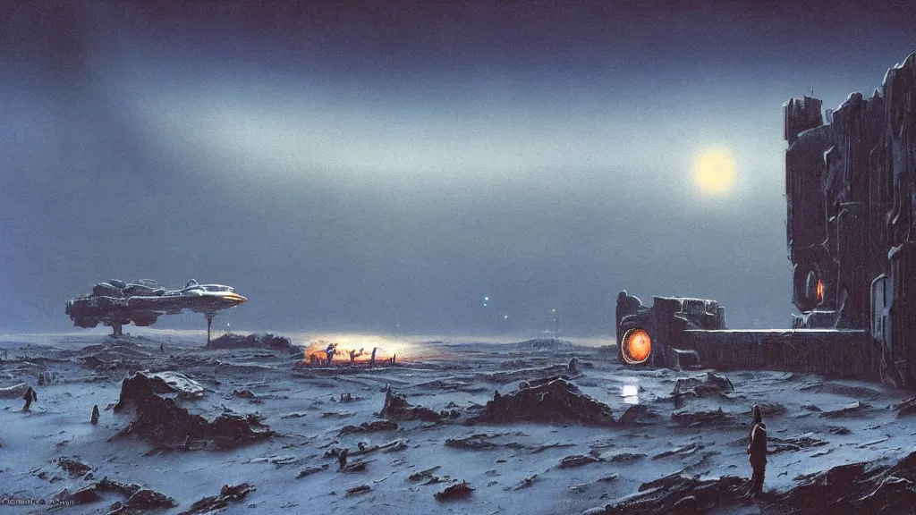 Image similar to emissary space by arthur haas and bruce pennington and john schoenherr, cinematic matte painting, photo realism, dark color palate, blue hour light snow