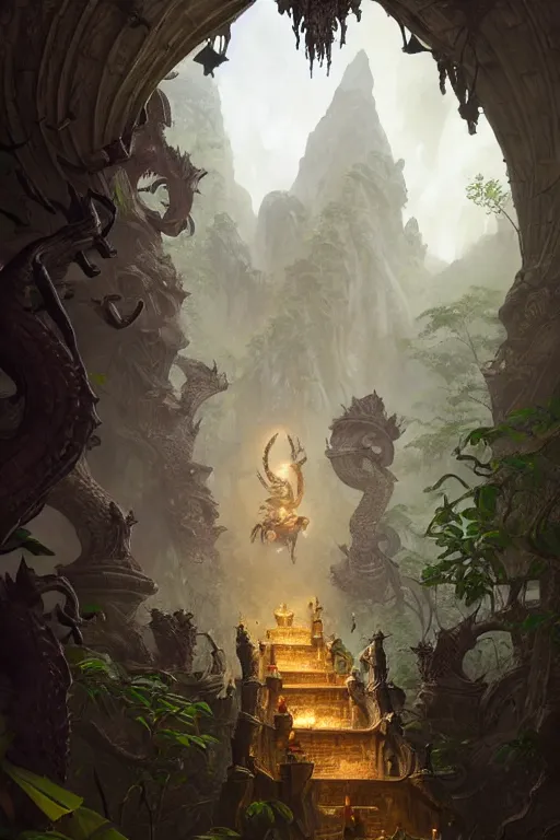 Image similar to deadly path to the crocodile god lair, menacing statues, deep focus, d & d, fantasy, intricate, elegant, highly detailed, digital painting, artstation, concept art, matte, sharp focus, illustration, hearthstone, art by artgerm and greg rutkowski and alphonse mucha