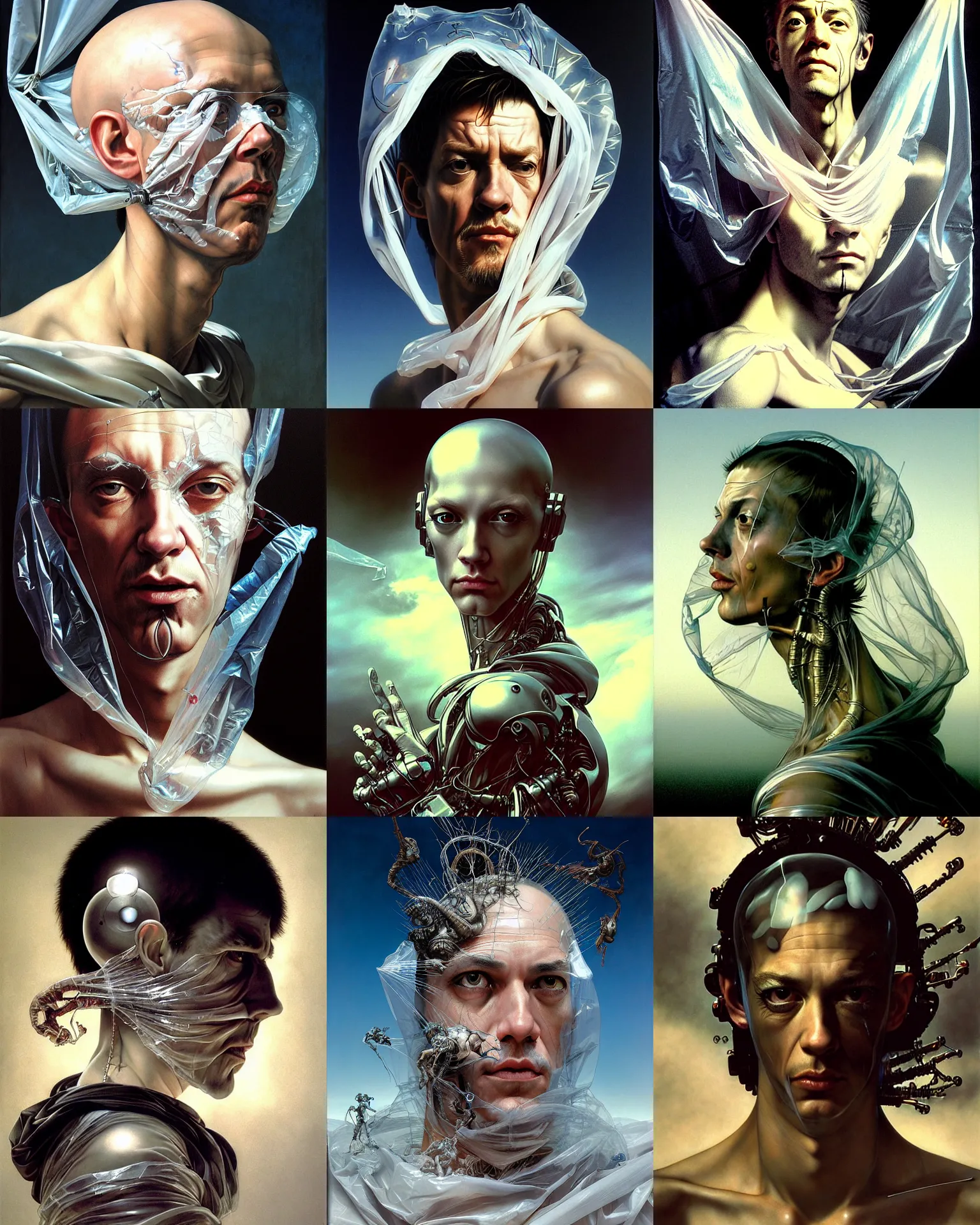 Prompt: transparent plastic bag floating in the wind, fantasy characture portrait, ultra realistic, cinematic, cinematic, wide angle, intricate details, cyborg, highly detailed by caravaggio, aaron horkey, boris vallejo, wayne barlowe, craig mullins, roberto ferri, francis bacon