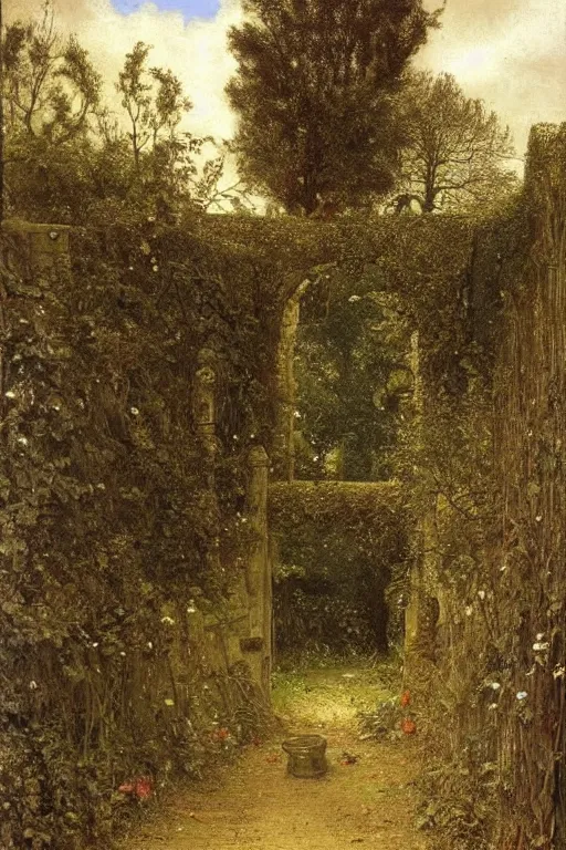 Image similar to english manchester cemetery, path towards church, dark, overgrown, weeds and ivy on the graves, an old twisted tree, a tall stone wall, lawrence alma-tadema