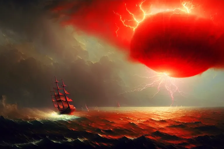 Image similar to A beautiful matte painting of huge spherical alien spaceship attacking with powerful red lasers a Sailship in ocean in thunderstorm by Greg Rutkowski and Ivan aivazovsky