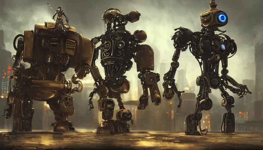 Image similar to steampunk robot and a cyberpunk robot, ready to fight, sharp focus, alexander wells, cinematic, game art, extremely detailed digital painting